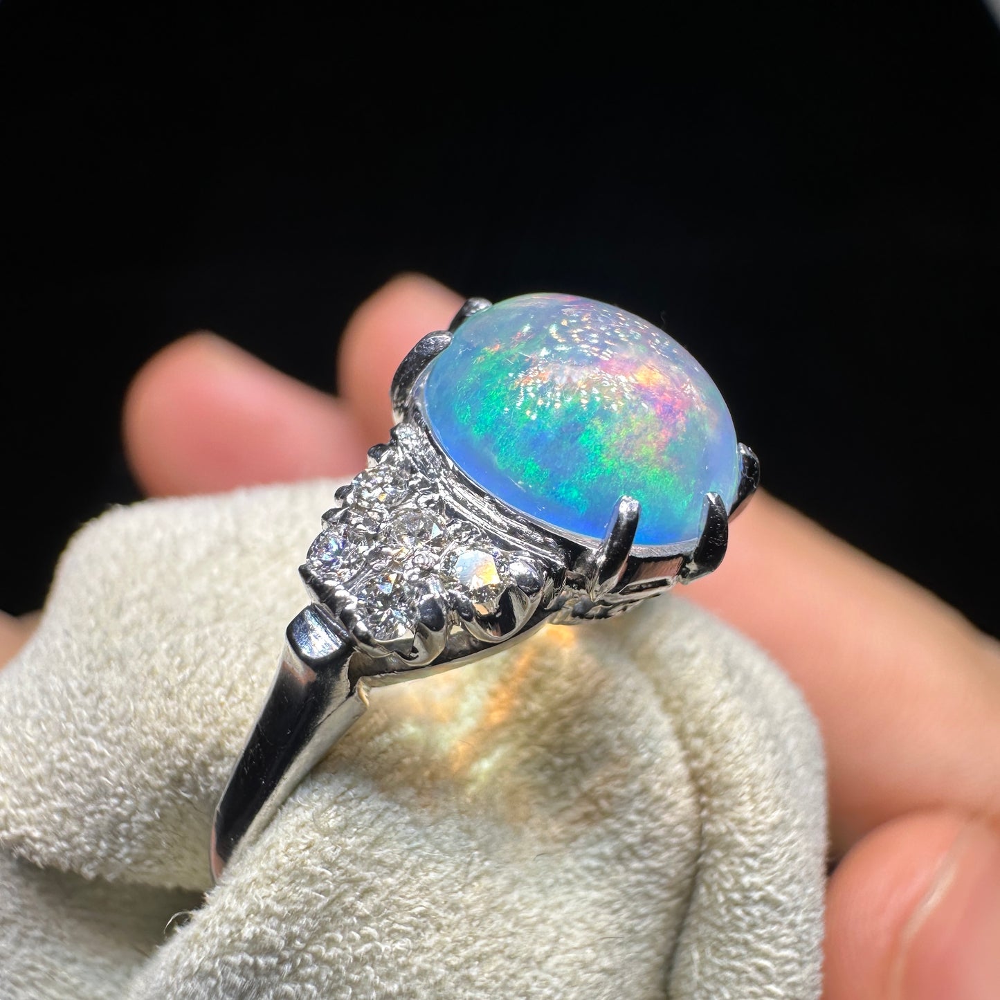 14K Gold Natural Opal Ring – Vintage Oval Rainbow Opal with Diamond Accents | Fine Japanese Estate Jewelry