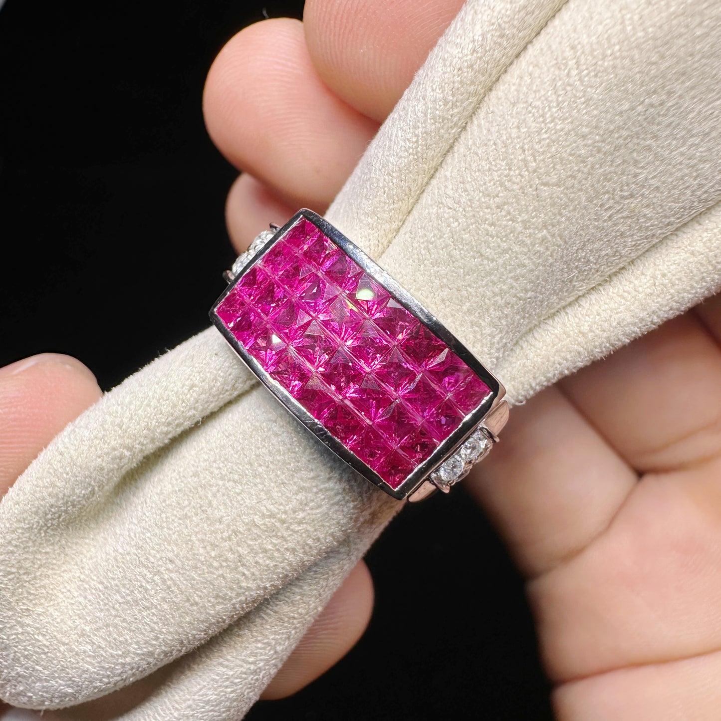 PT750 Platinum Pink Sapphire and Diamond Ring|2.01ct Geometric Cluster + 0.13ct Diamonds|Vintage Japanese Designer Jewelry
