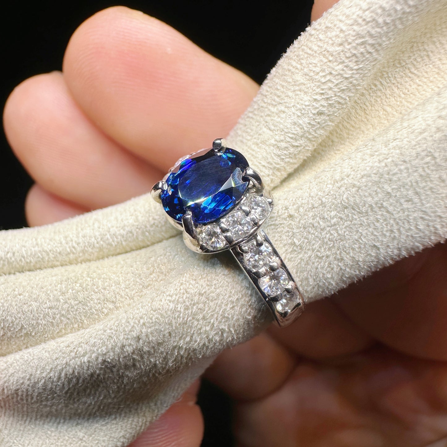 PT900 Platinum Sapphire and Diamond Ring|1.52ct Deep Blue Sapphire + 0.40ct Diamonds|Vintage Japanese Jewelry