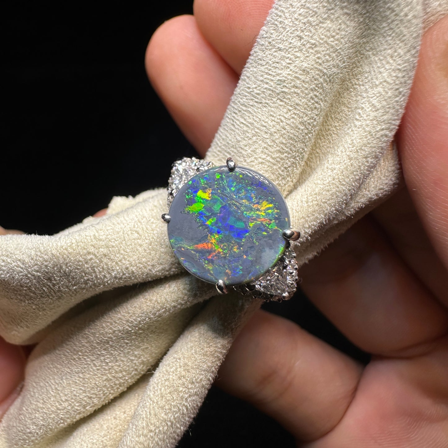 PT900 Platinum Black Opal Ring with 0.39ct Diamonds | Natural Black Opal Vintage Japanese Fine Jewelry
