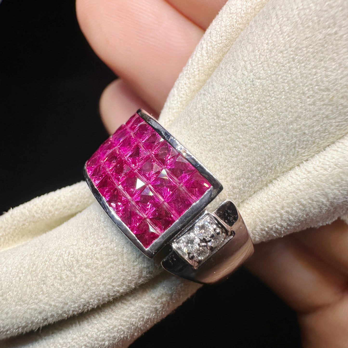 PT750 Platinum Pink Sapphire and Diamond Ring|2.01ct Geometric Cluster + 0.13ct Diamonds|Vintage Japanese Designer Jewelry