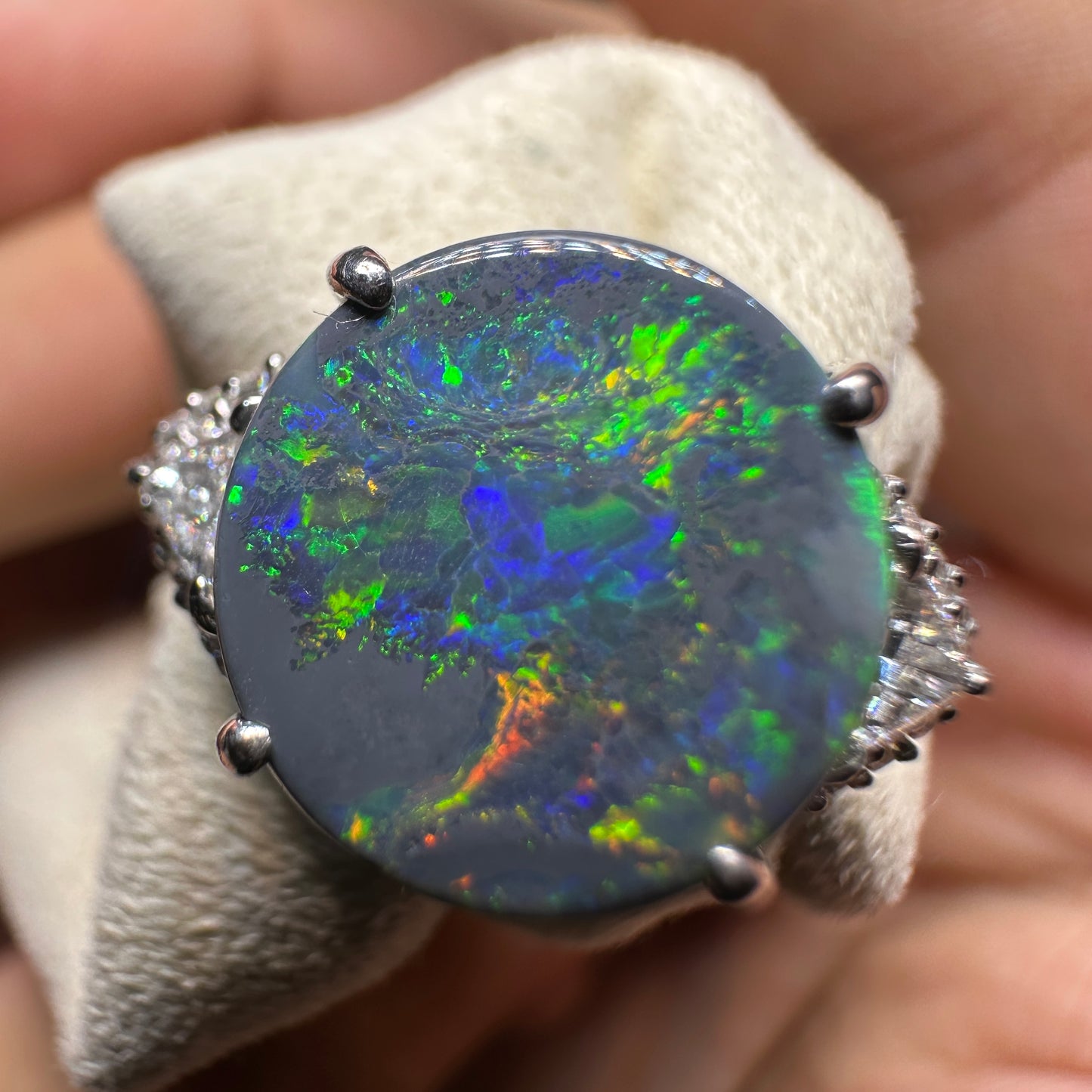PT900 Platinum Black Opal Ring with 0.39ct Diamonds | Natural Black Opal Vintage Japanese Fine Jewelry