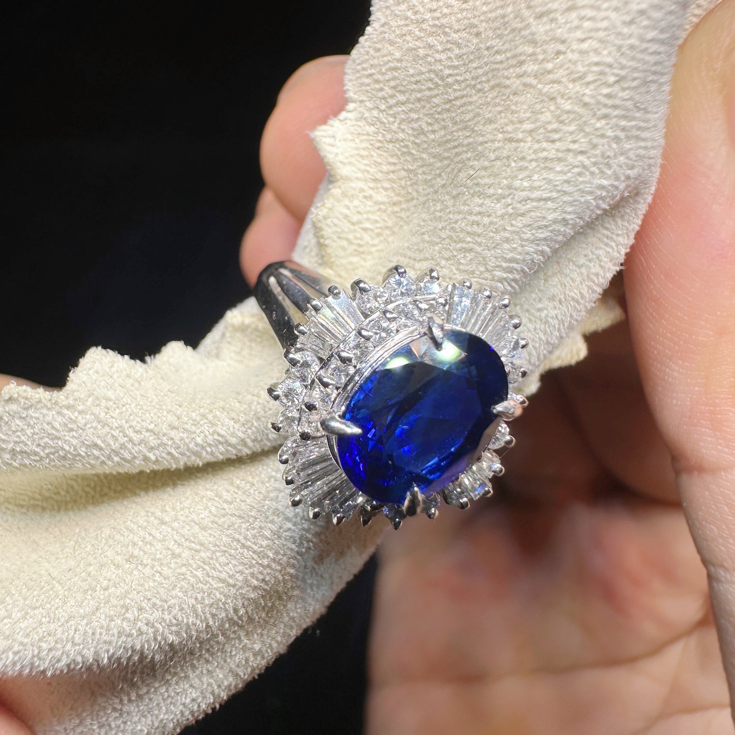 PT900 Platinum Sapphire and Diamond Halo Ring|2.15ct Royal Blue Sapphire + 0.63ct Diamonds|Vintage Japanese Fine Jewelry
