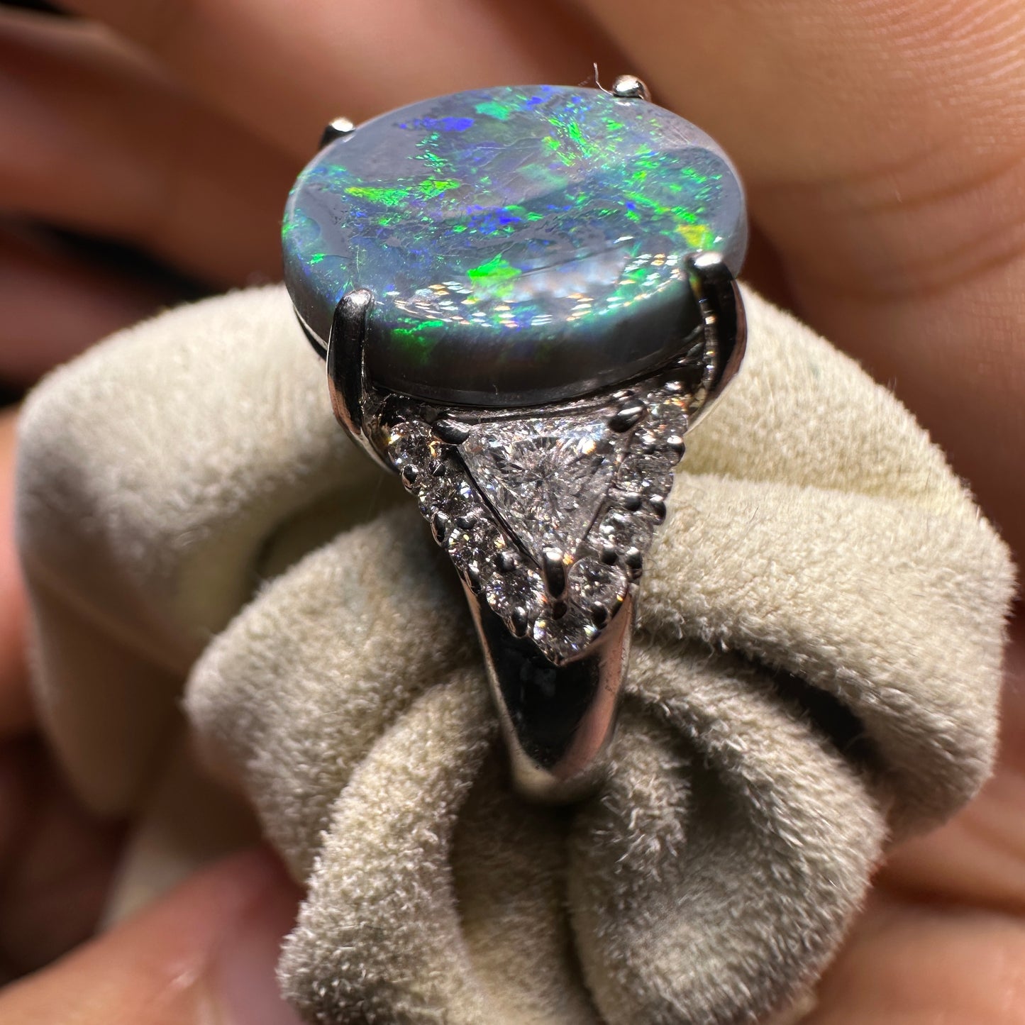 PT900 Platinum Black Opal Ring with 0.39ct Diamonds | Natural Black Opal Vintage Japanese Fine Jewelry