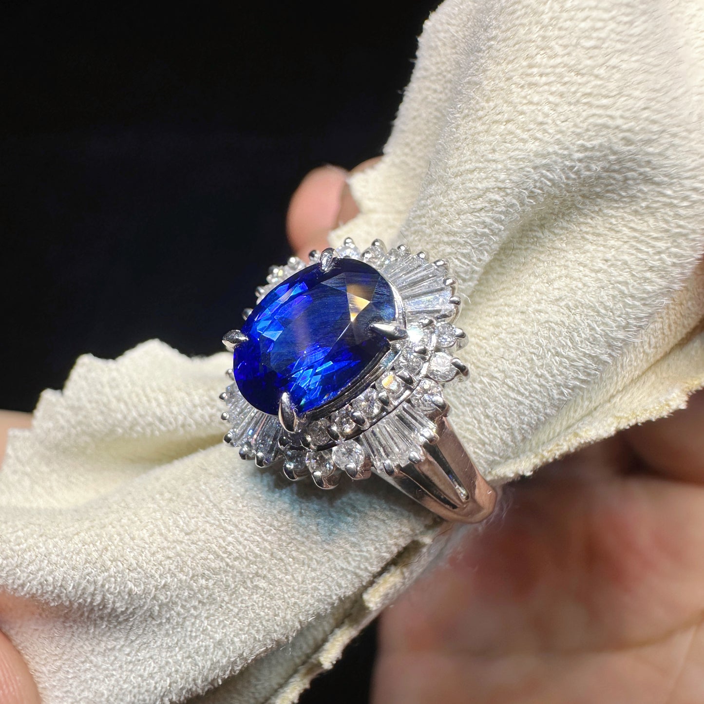 PT900 Platinum Sapphire and Diamond Halo Ring|2.15ct Royal Blue Sapphire + 0.63ct Diamonds|Vintage Japanese Fine Jewelry