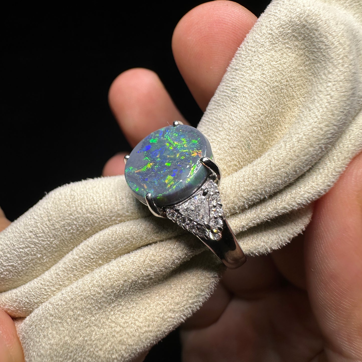 PT900 Platinum Black Opal Ring with 0.39ct Diamonds | Natural Black Opal Vintage Japanese Fine Jewelry