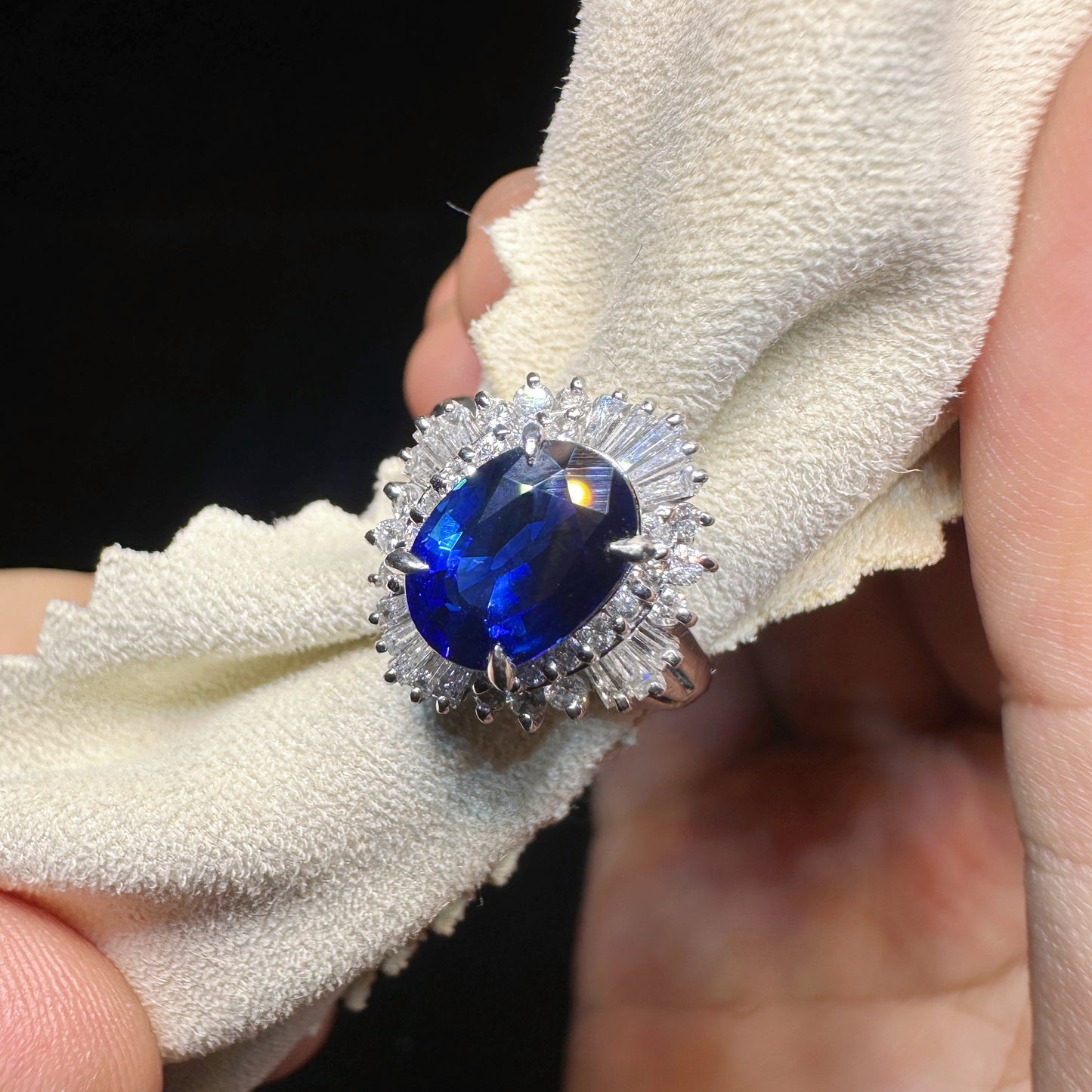 PT900 Platinum Sapphire and Diamond Halo Ring|2.15ct Royal Blue Sapphire + 0.63ct Diamonds|Vintage Japanese Fine Jewelry