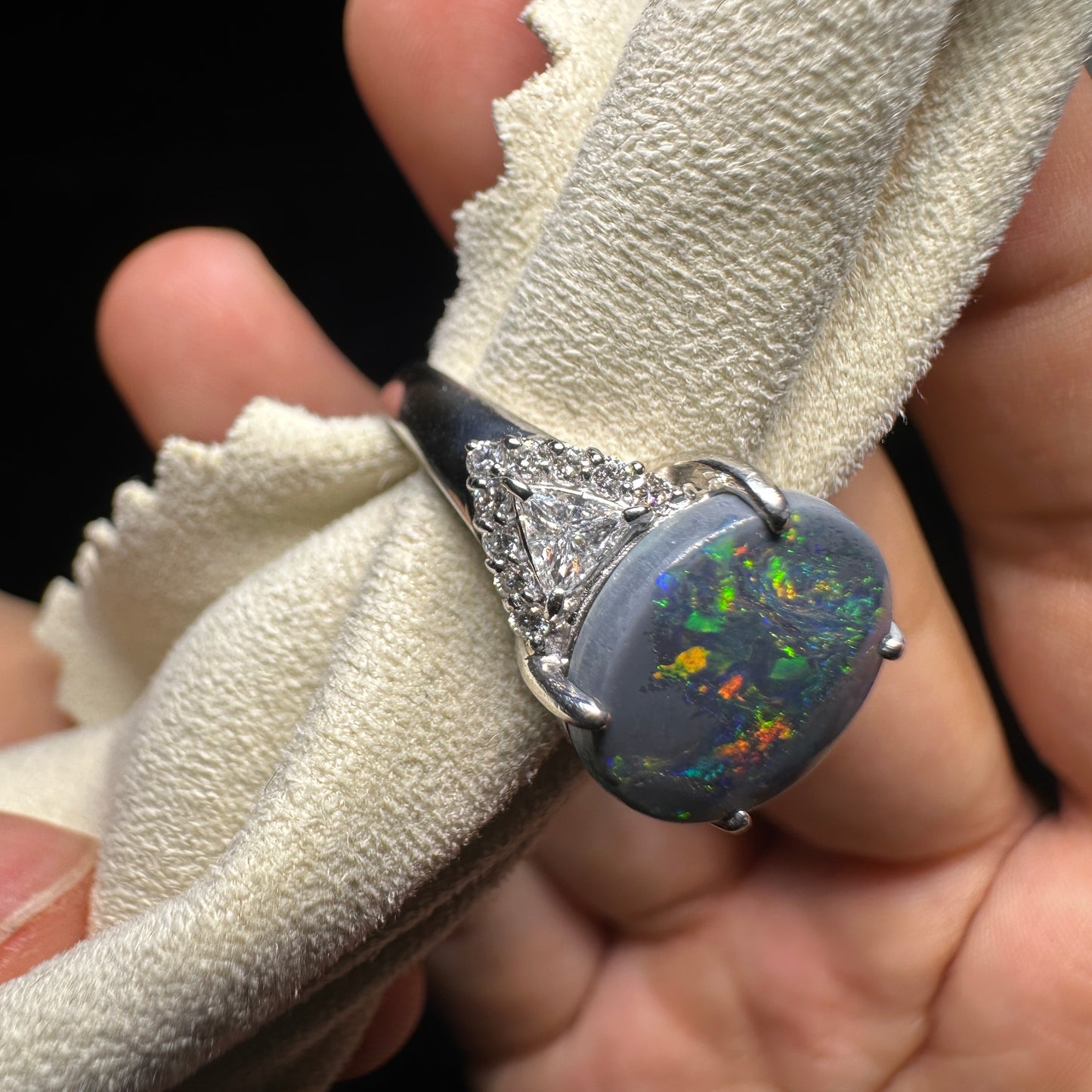 PT900 Platinum Black Opal Ring with 0.39ct Diamonds | Natural Black Opal Vintage Japanese Fine Jewelry