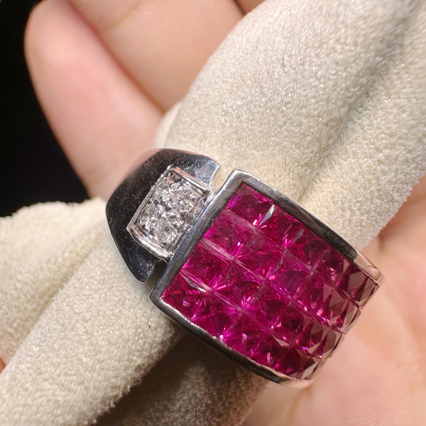 PT750 Platinum Pink Sapphire and Diamond Ring|2.01ct Geometric Cluster + 0.13ct Diamonds|Vintage Japanese Designer Jewelry