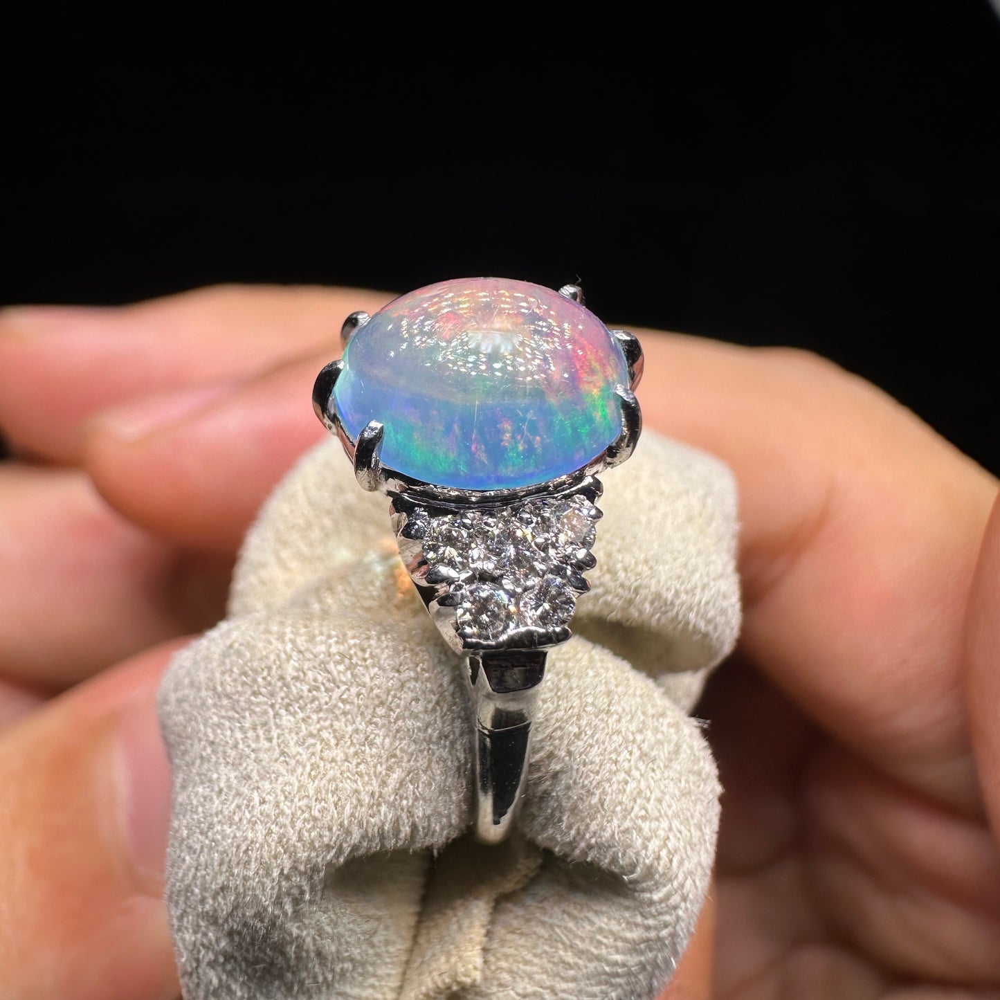 14K Gold Natural Opal Ring – Vintage Oval Rainbow Opal with Diamond Accents | Fine Japanese Estate Jewelry