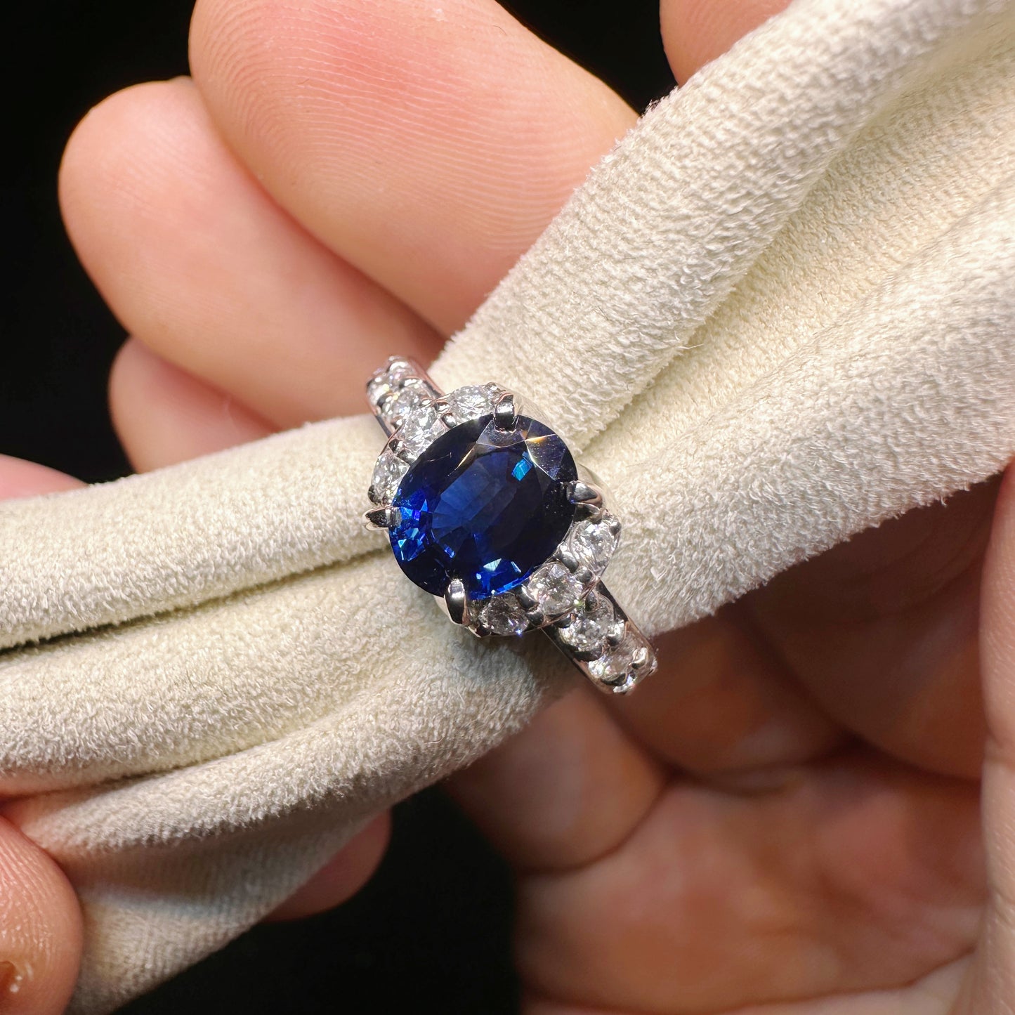 PT900 Platinum Sapphire and Diamond Ring|1.52ct Deep Blue Sapphire + 0.40ct Diamonds|Vintage Japanese Jewelry
