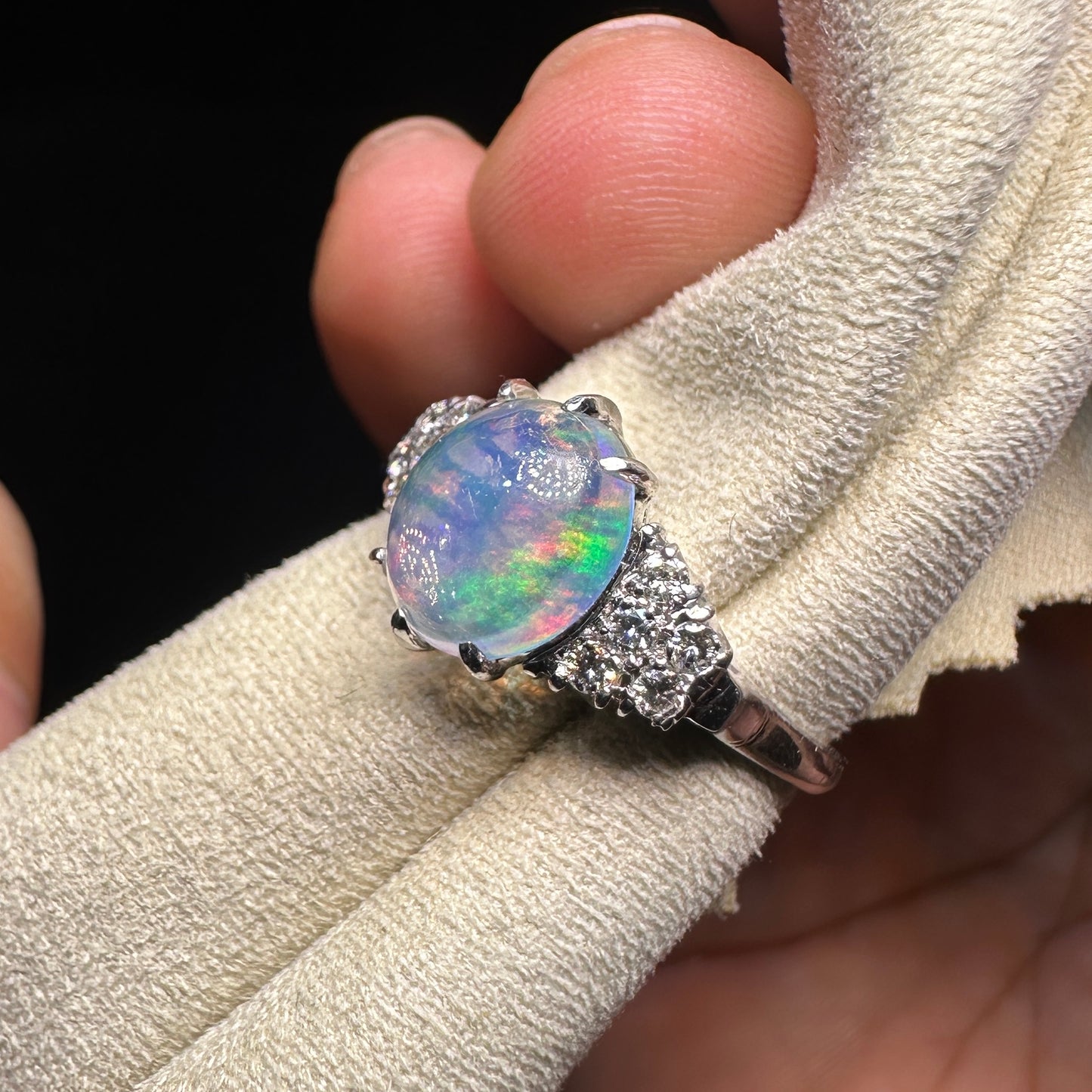 14K Gold Natural Opal Ring – Vintage Oval Rainbow Opal with Diamond Accents | Fine Japanese Estate Jewelry