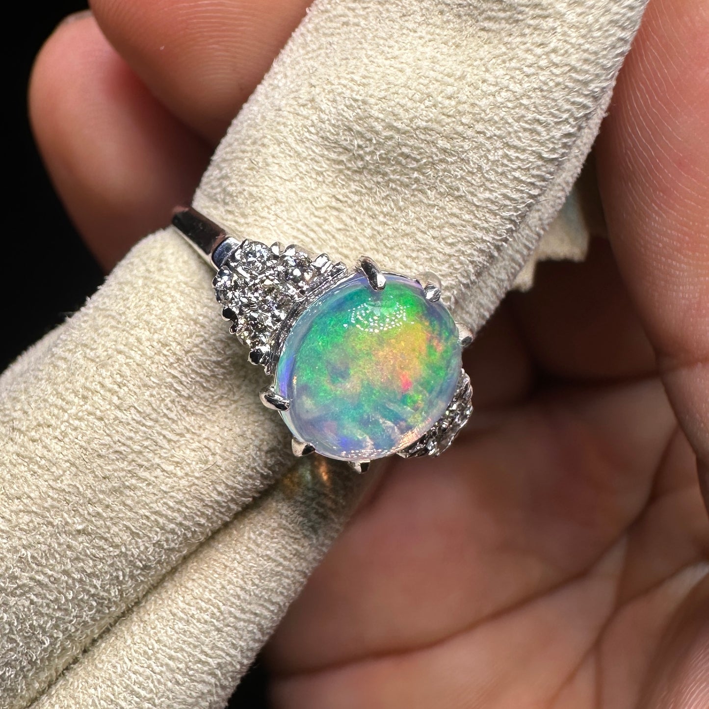 14K Gold Natural Opal Ring – Vintage Oval Rainbow Opal with Diamond Accents | Fine Japanese Estate Jewelry