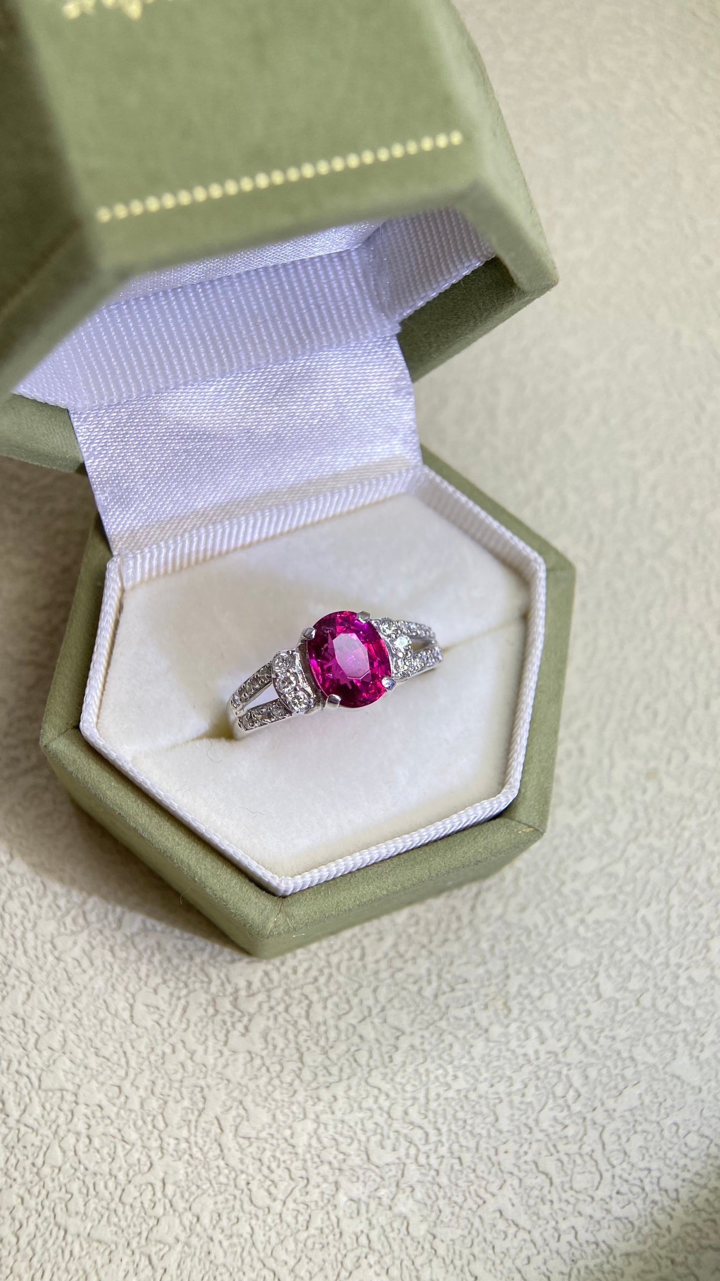 K18ホワイトゴールド&ルベライト&ダイヤモンドリング|ルベライト1.20ct、ダイヤモンド0.22ct|日本製ヴィンテージエステートジュエリー-BQII