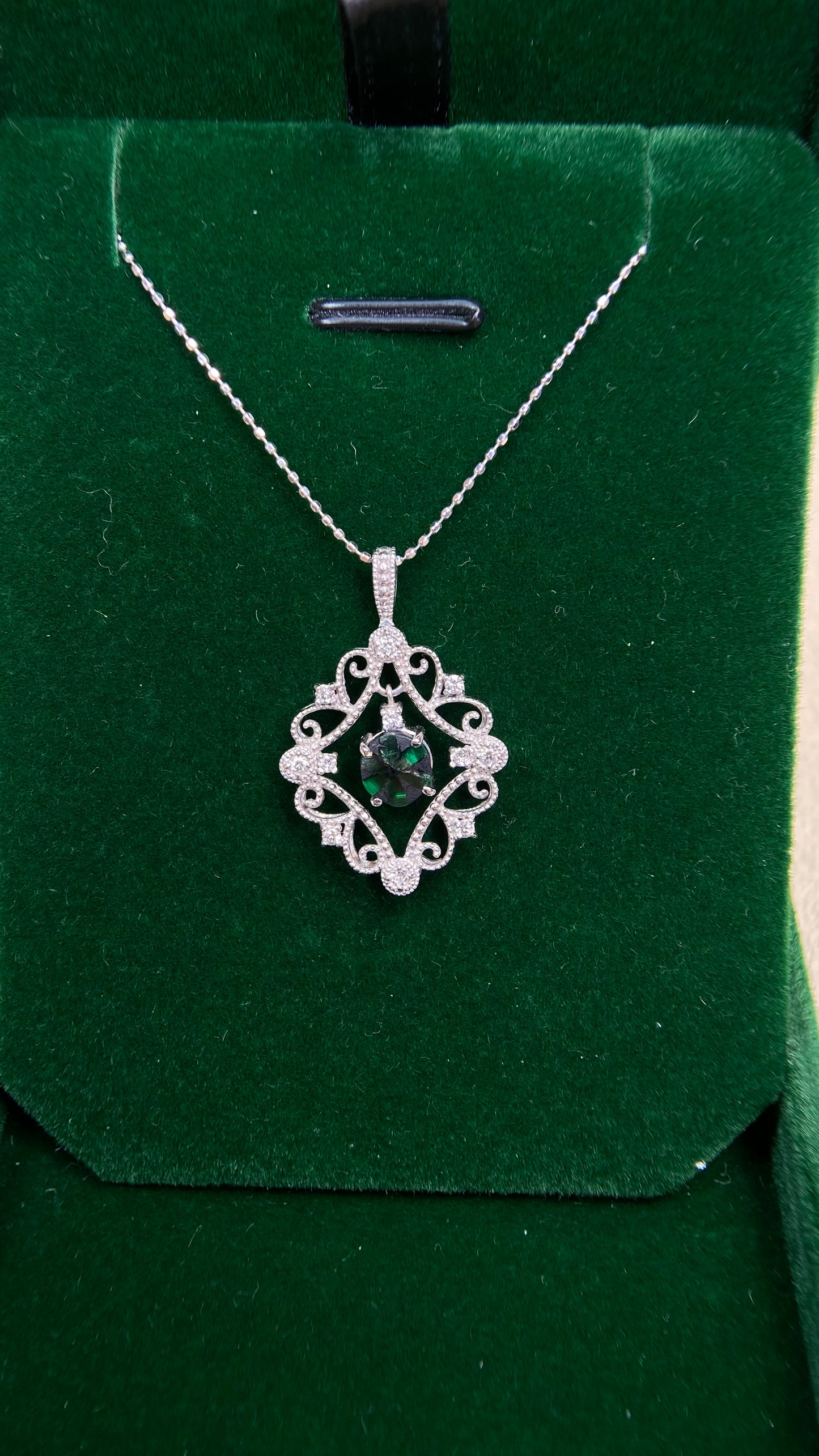 K18 White Gold&Emerald&Diamond Necklace| Trapiche Emerald: 0.57ct|Diamonds:0.14ct|Japanese Vintage Estate Jewelry -BPVU