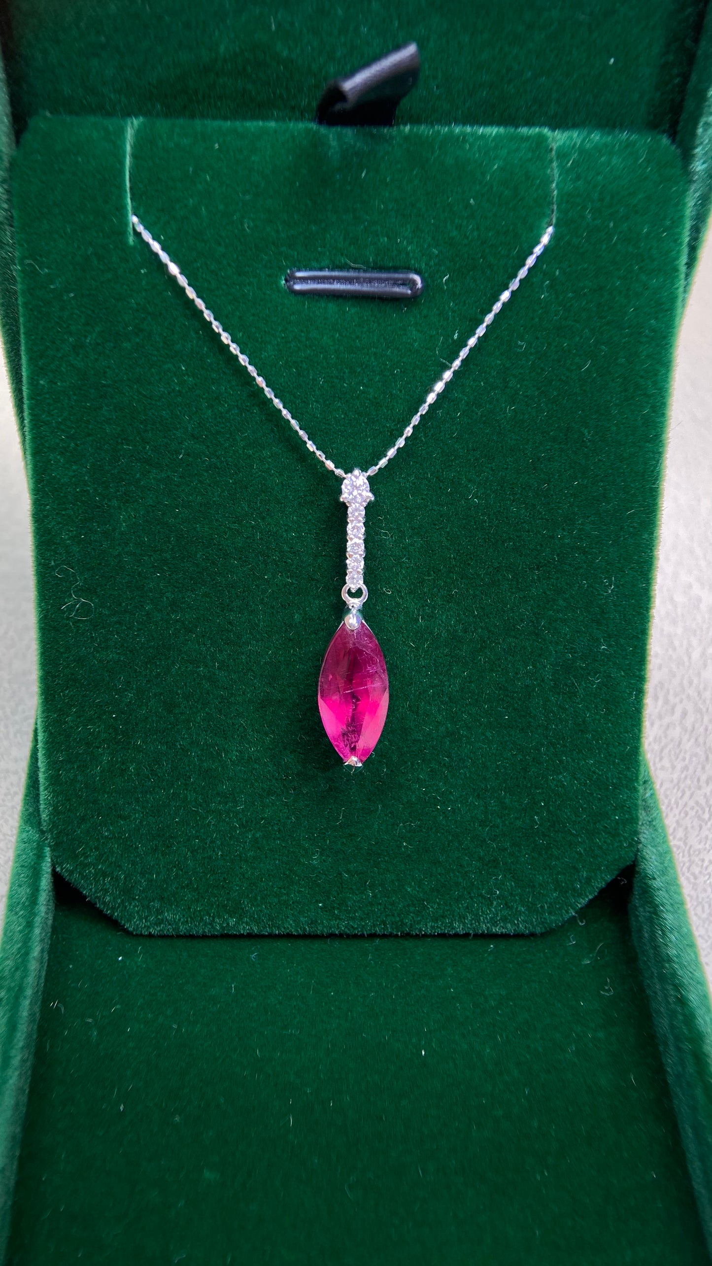 K18 White Gold&Rubellite Tourmaline&Diamond Necklace| Rubellite Tourmaline: 3.94ct |Diamonds:0.17ct|Japanese Vintage Estate Jewelry -BCBN