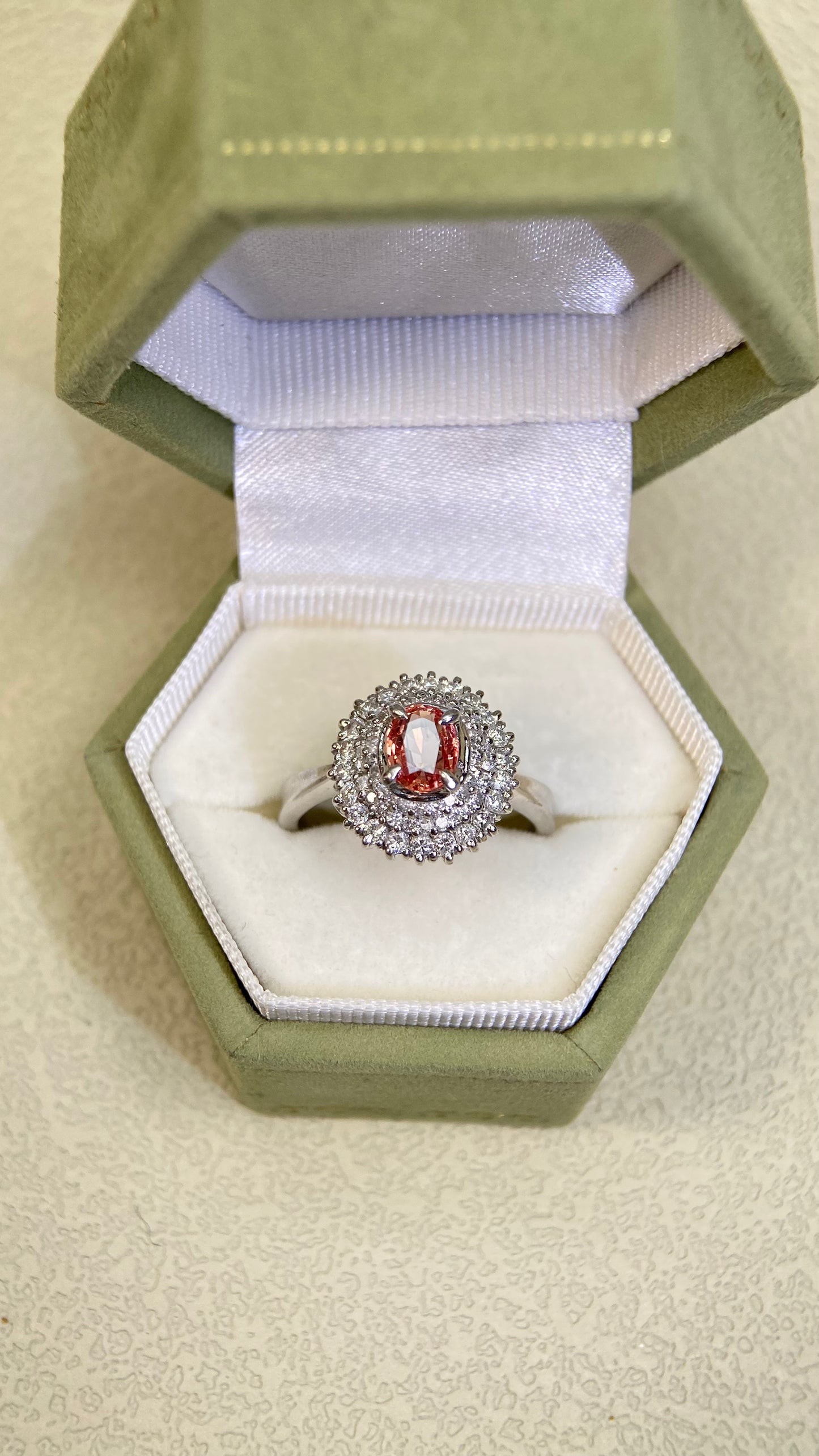 Pt900 Platinum&Padparadscha Sapphire&Diamond Ring| Padparadscha Sapphire:0.746ct | Diamonds:0.64ct | Japanese Vintage Estate Jewelry -BSDL2868