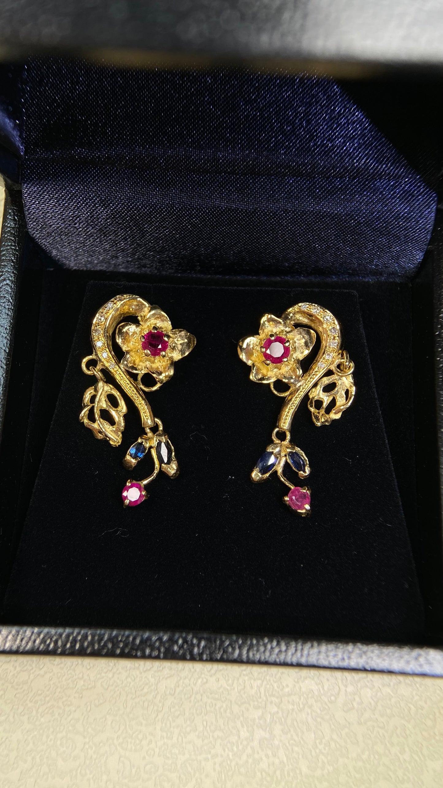 18K Gold&Diamond&Sapphire&Ruby Earrings| Diamonds | Sapphires | Rubies| Japanese Vintage Estate Jewelry -BSAB2738