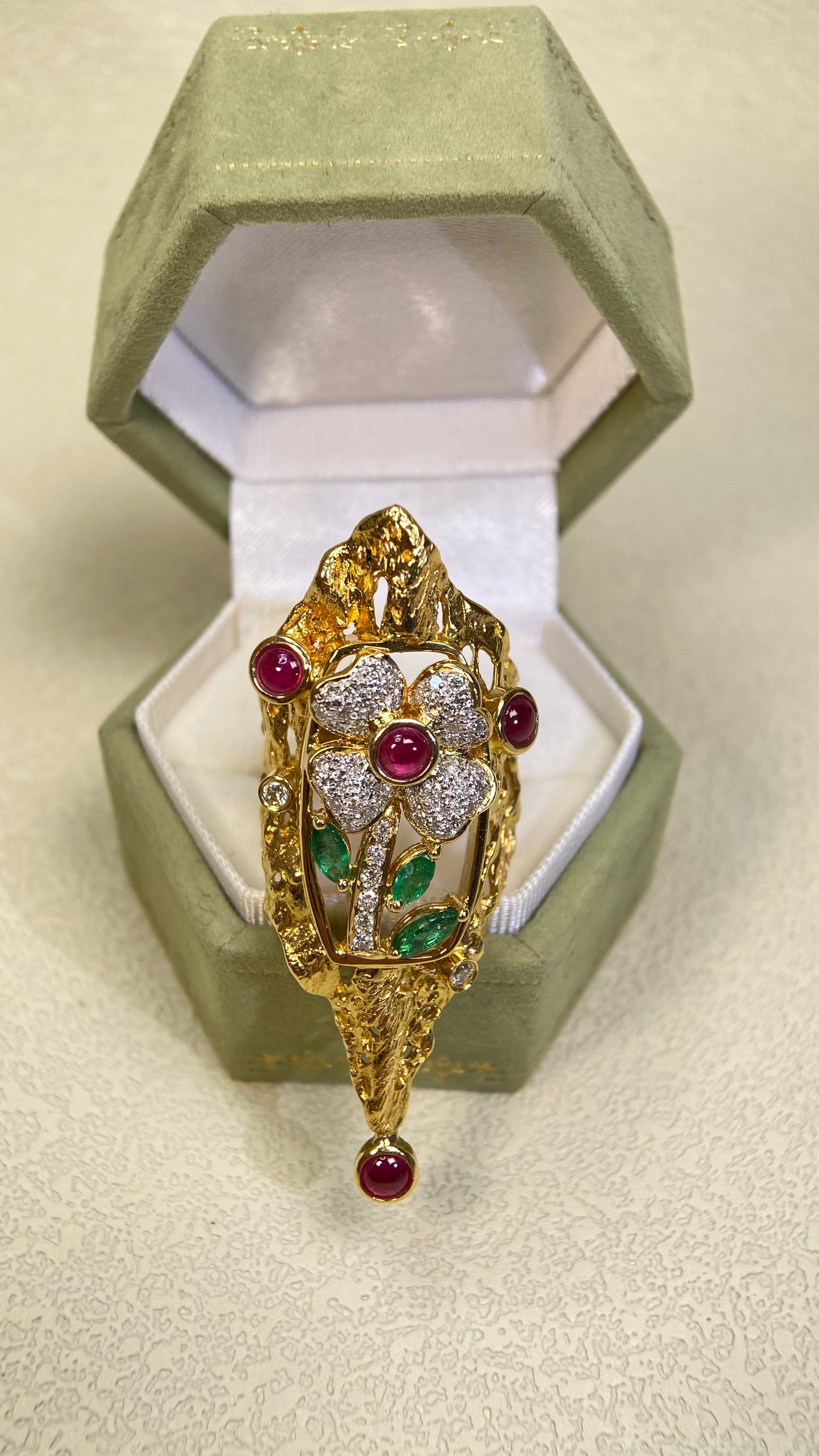 18K Gold&Ruby&Emerald&Diamond Ring| Rubies | Emeralds|Diamonds | Japanese Vintage Estate Jewelry -BRWJ2641