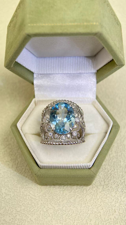 K18 Gold&Aquamarine&Diamond Ring| Aquamarine：4.25ct | Diamonds：0.18ct | Japanese Vintage Estate Jewelry -BSKP3099