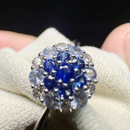 K18 White Gold Sapphire and Diamond Flower Ring｜Vintage Japanese Cluster Jewelry｜2.8g