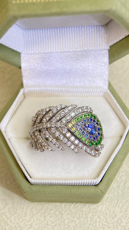 18K White Gold&Mixed gemstones&Diamond Ring| Mixed gemstones：0.30ct/0.17ct| Diamonds：0.92ct | Japanese Vintage Estate Jewelry -BRTB2555