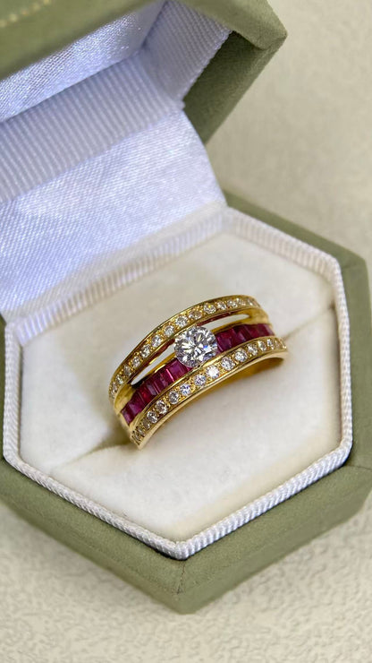 K18 Gold&Ruby&Diamond Ring| Diamond：0.36ct | Rubies：1.00ct | Diamonds：0.315ct | Japanese Vintage Estate Jewelry -BSLO3298