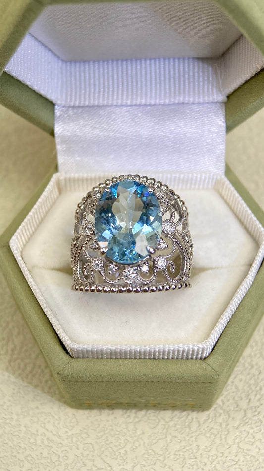 K18 Gold&Aquamarine&Diamond Ring| Aquamarine：4.25ct | Diamonds：0.18ct | Japanese Vintage Estate Jewelry -BSKP3099