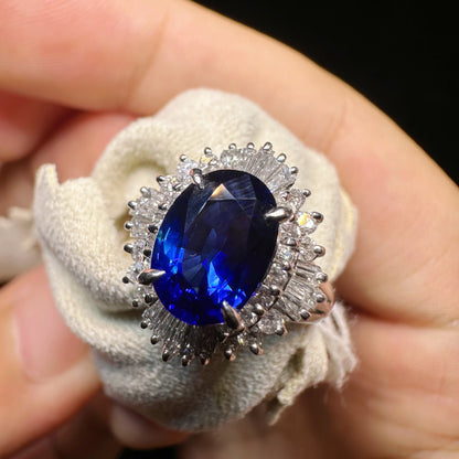 PT900 Platinum Sapphire and Diamond Halo Ring｜2.15ct Royal Blue Sapphire + 0.63ct Diamonds｜Vintage Japanese Fine Jewelry
