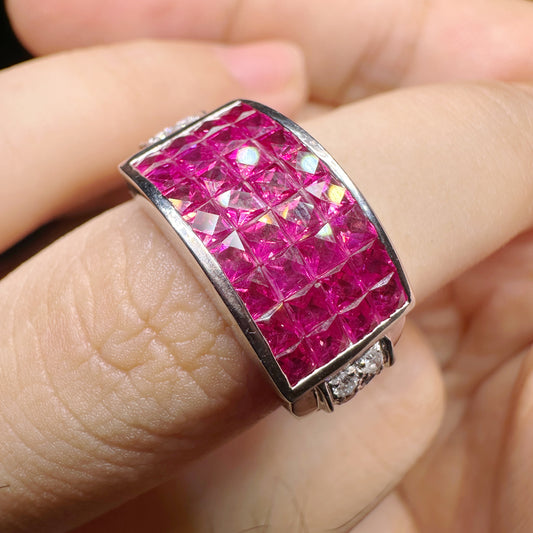 PT750 Platinum Pink Sapphire and Diamond Ring｜2.01ct Geometric Cluster + 0.13ct Diamonds｜Vintage Japanese Designer Jewelry