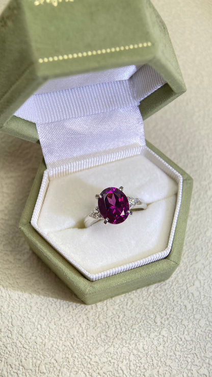 Pt900 Platinum&Rhodolite Garnet and Diamond Ring | Rhodolite Garnet 2.86ct | Diamond 0.145ct | Japanese Vintage Estate Jewelry-BPIB
