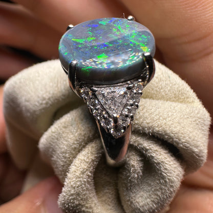 PT900 Platinum Black Opal Ring with 0.39ct Diamonds | Natural Black Opal Vintage Japanese Fine Jewelry