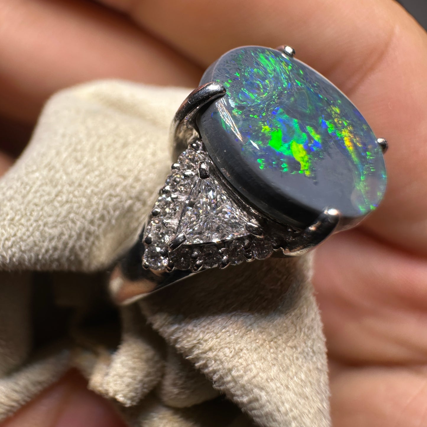 PT900 Platinum Black Opal Ring with 0.39ct Diamonds | Natural Black Opal Vintage Japanese Fine Jewelry