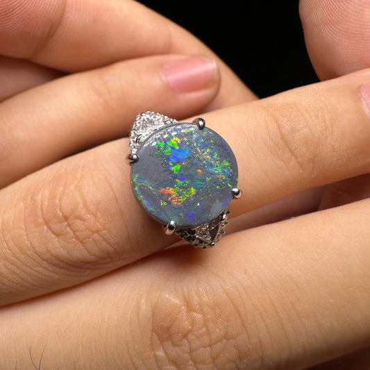 PT900 Platinum Black Opal Ring with 0.39ct Diamonds | Natural Black Opal Vintage Japanese Fine Jewelry