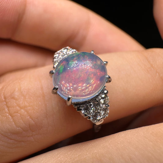 14K Gold Natural Opal Ring – Vintage Oval Rainbow Opal with Diamond Accents | Fine Japanese Estate Jewelry