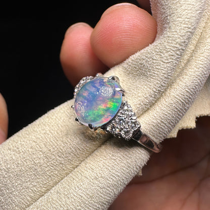 14K Gold Natural Opal Ring – Vintage Oval Rainbow Opal with Diamond Accents | Fine Japanese Estate Jewelry