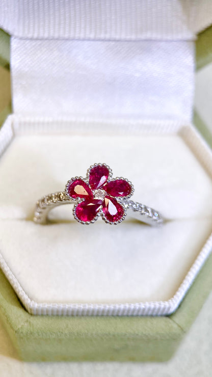K18 White Gold&Ruby and Diamond Ring | Ruby 0.89ct | Diamond 0.30ct | Japanese Vintage Estate Jewelry