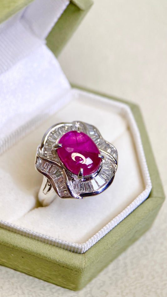 Pt900 Platinum&Star Ruby and Diamond Ring | Ruby 3.67ct | Diamond 1.32ct | No Heat-Burma | Japanese Vintage Estate Jewelry
