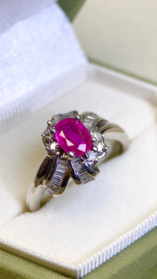 Pt900 Platinum&Ruby and Diamond Ring | Ruby 1.02ct | Diamond 0.36ct/0.14ct | Myanmar | Japanese Vintage Estate Jewelry-BJLB