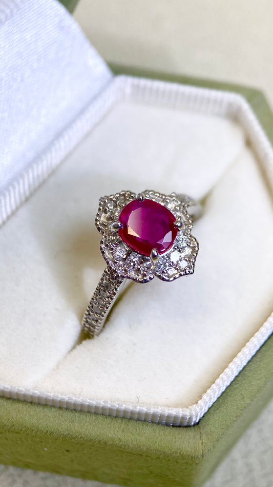 Pt900 Platinum&Ruby and Diamond Ring | Ruby 1.03ct | Diamond 0.45ct | Burma | Japanese Vintage Estate Jewelry