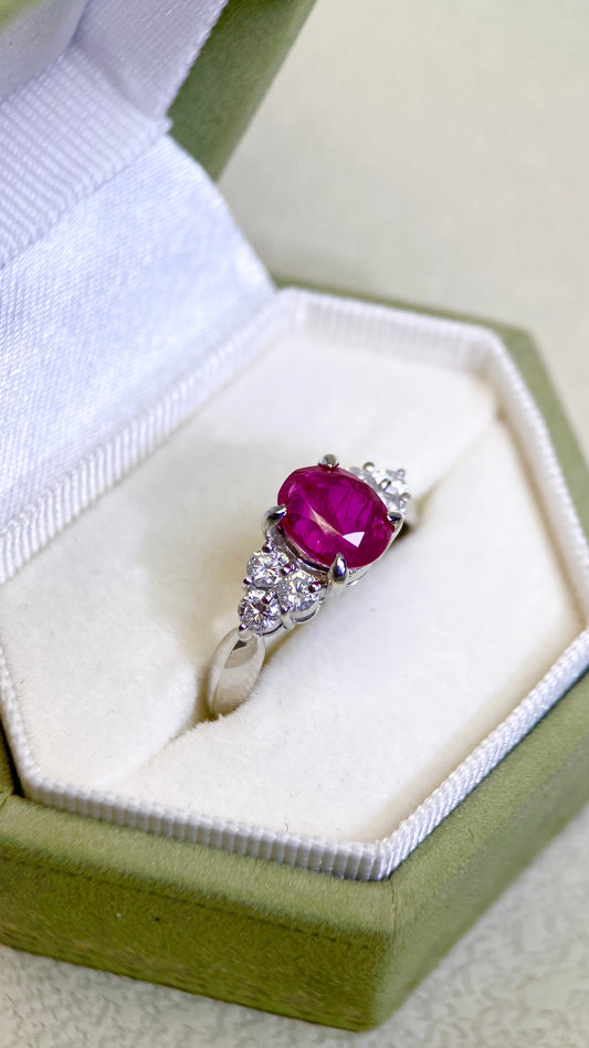 Pt900 Platinum&Ruby and Diamond Ring | Ruby 1.59ct | Diamond 0.36ct | No Heat-Burma | Japanese Vintage Estate Jewelry