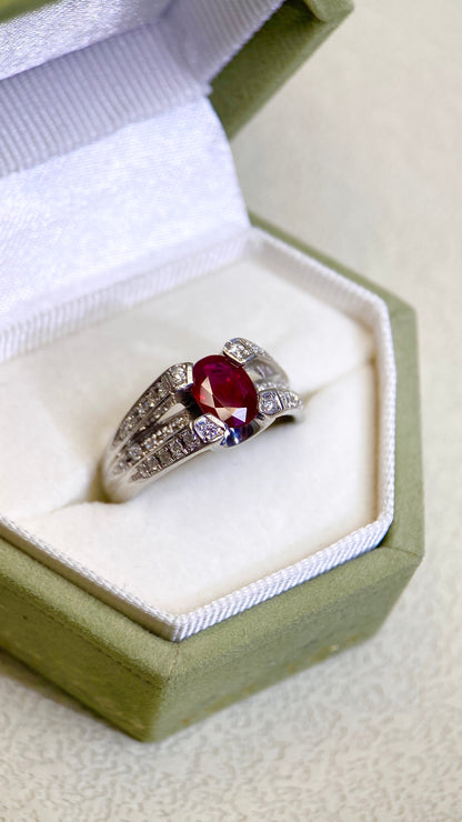 Pt900 Platinum&Ruby and Diamond Ring | Ruby 1.01ct | Diamond 0.26ct | Burma-Pigeon Blood | Japanese Vintage Estate Jewelry
