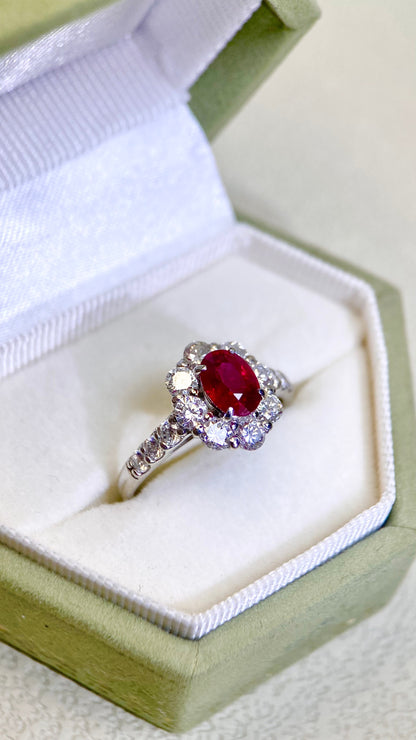 Pt950 Platinum&Ruby and Diamond Ring | Ruby 1.09ct | Diamond 1.00ct | Burma-Pigeon Blood | Japanese Vintage Estate Jewelry