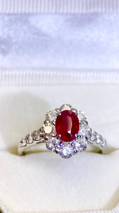 Pt950 Platinum&Ruby and Diamond Ring | Ruby 1.09ct | Diamond 1.00ct | Burma-Pigeon Blood | Japanese Vintage Estate Jewelry