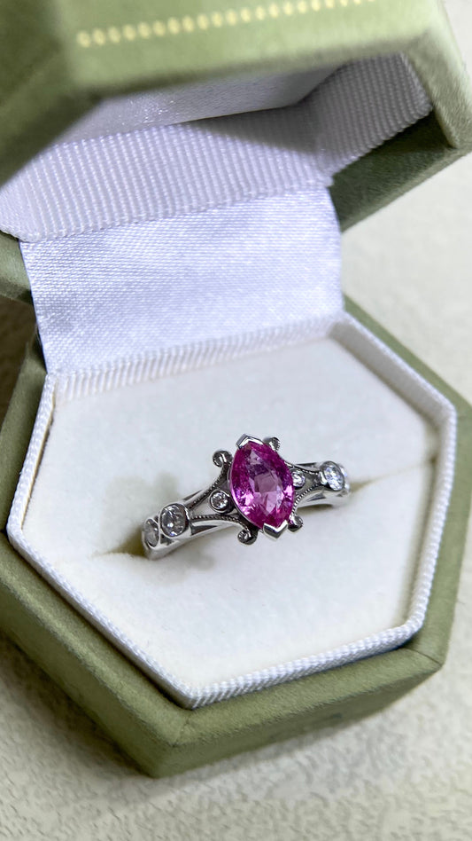 K18 White Gold&Pink Sapphire and Diamond Ring | Pink Sapphire 1.191ct | Diamond 0.399ct | Japanese Vintage Estate Jewelry-BFLR