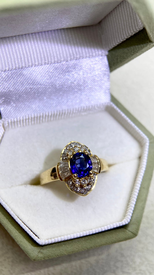 750 Gold(18K)&Sapphire and Diamond Ring | Sapphire 0.82ct | Diamond 0.37ct | Japanese Vintage Estate Jewelry-BRDZ