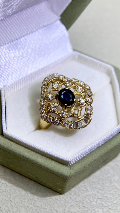 K18 Gold&Sapphire and Diamond Ring | Sapphire 0.60ct | Diamond 0.46ct | Japanese Vintage Estate Jewelry-BOTM