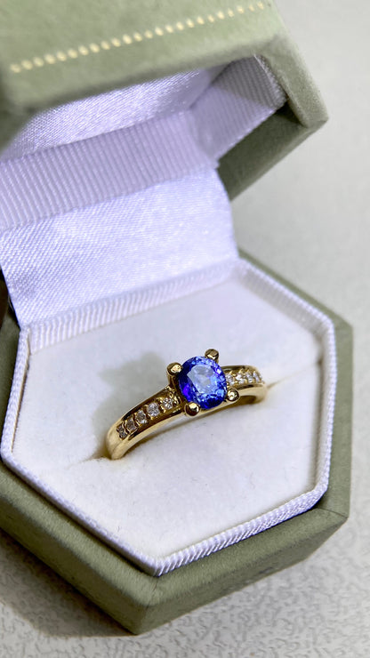 K18 Gold&Sapphire and Diamond Ring | Sapphire 1.21ct | Diamond 0.14ct | Sri Lanka | Japanese Vintage Estate Jewelry-BHNX
