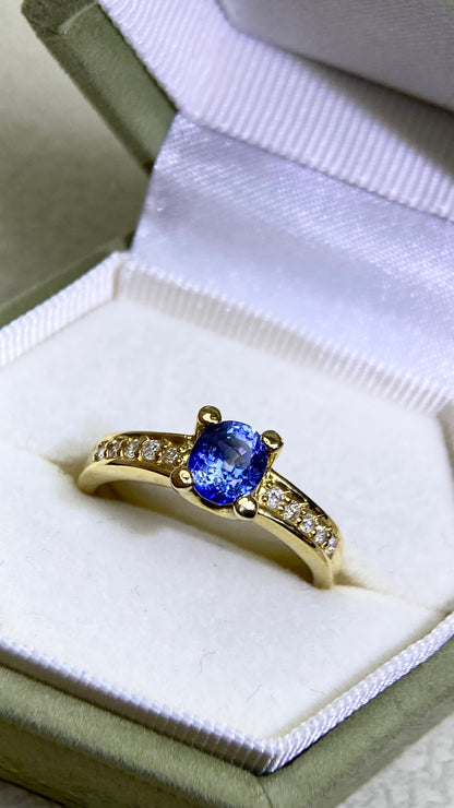 K18 Gold&Sapphire and Diamond Ring | Sapphire 1.21ct | Diamond 0.14ct | Sri Lanka | Japanese Vintage Estate Jewelry-BHNX