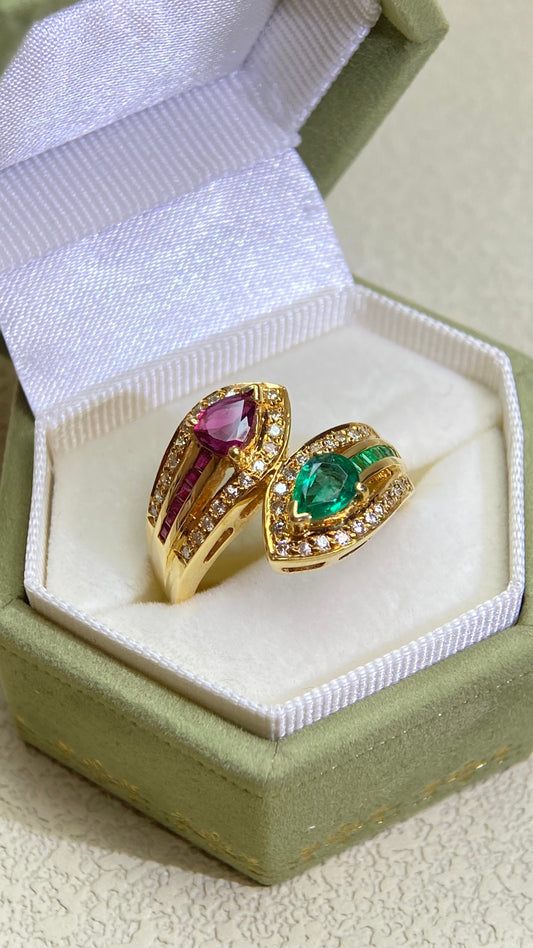 K18 Gold&Ruby and Emerald and Diamond Ring | Ruby 0.38ct | Emerald 0.43ct  |  Diamond 0.28ct | Japanese Vintage Estate Jewelry-BRCE